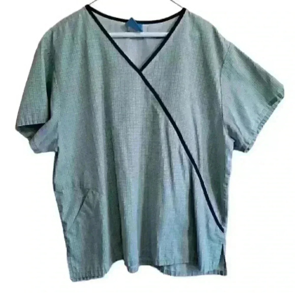 Womens nurses uniform HQ medical Scrub Top L Large navy green check - Picture 1 of 4
